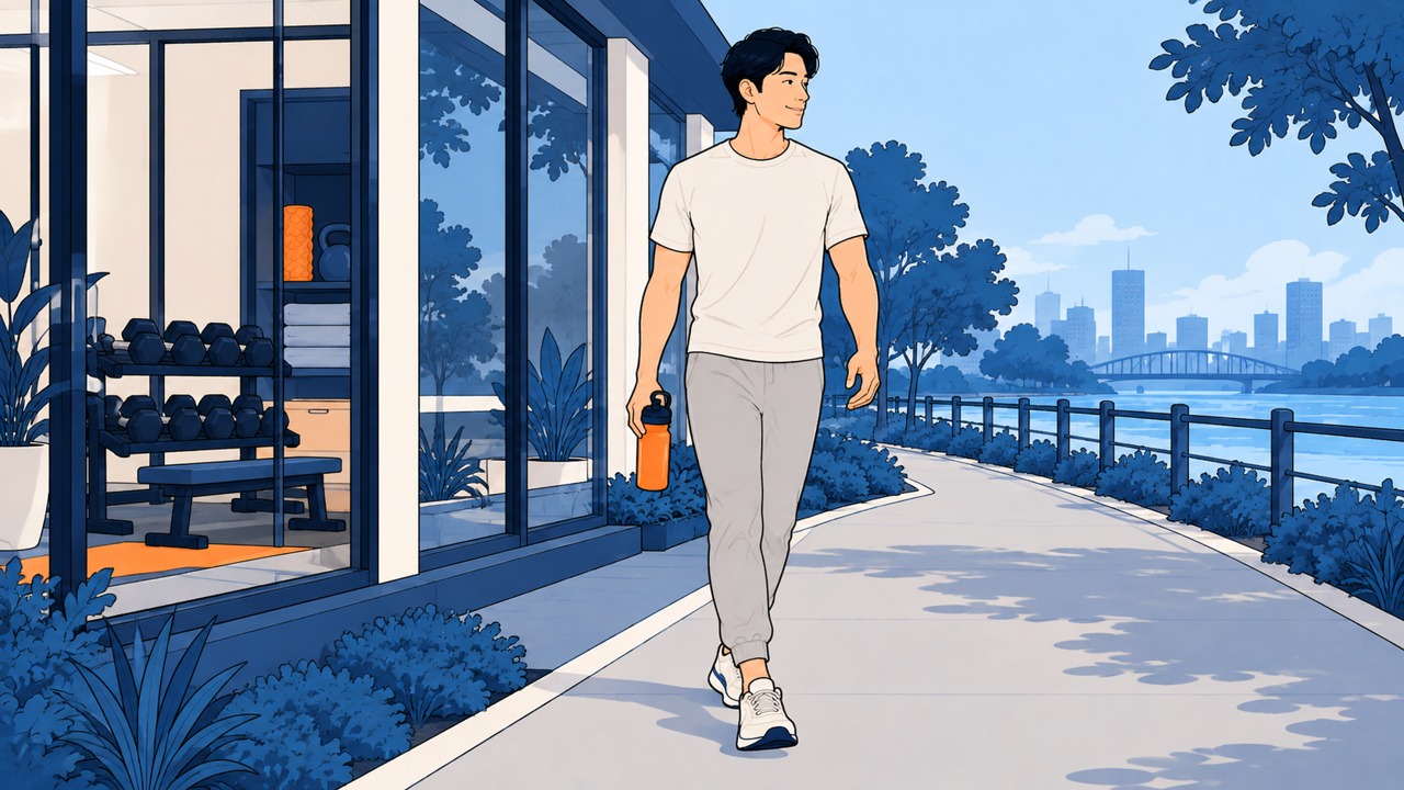 ジムのそばの道を落ち着いたペースで歩く男性のイラスト