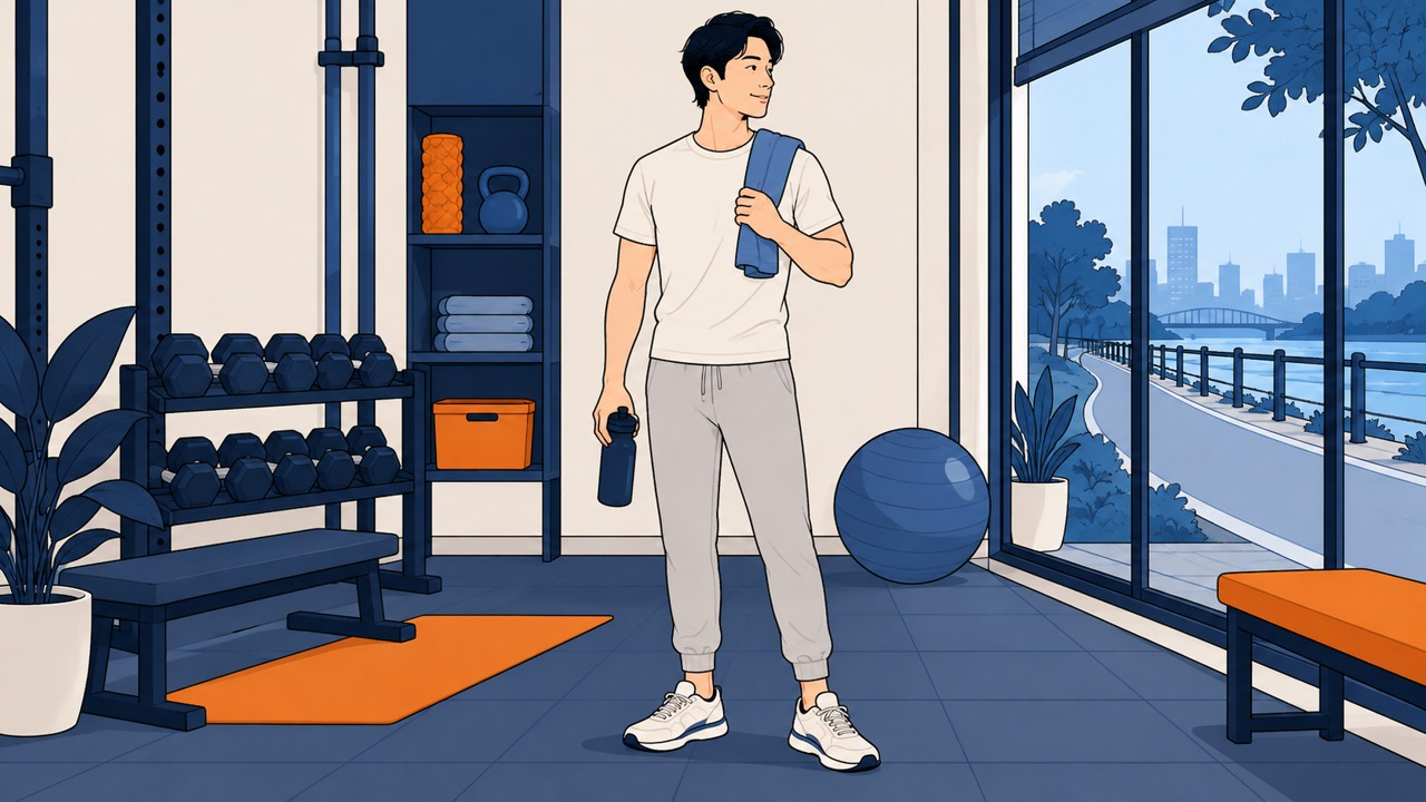 ダンベルのあるジムでウォーキングの準備をする男性のイラスト