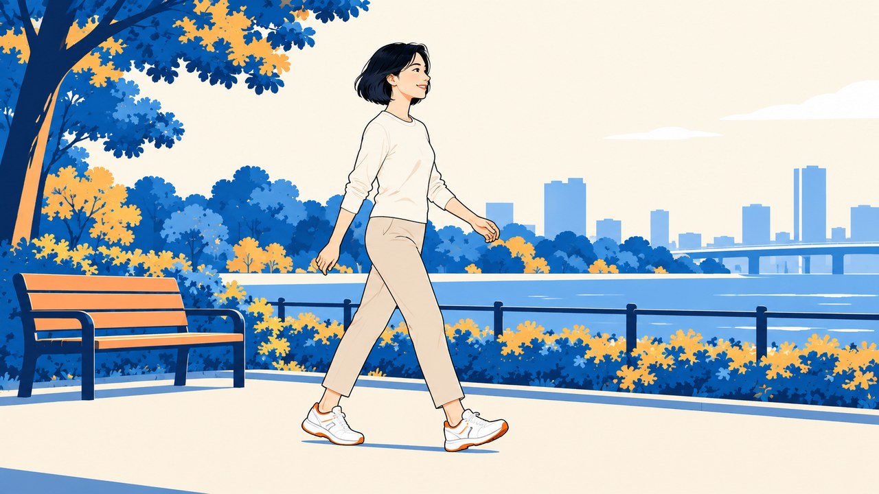 明るい服の女性が、公園の平らな道をゆったり歩いているイラスト