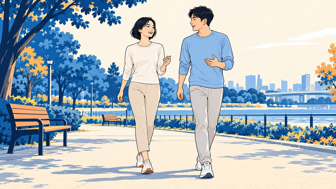 公園で会話をしながら歩く男女のイラスト