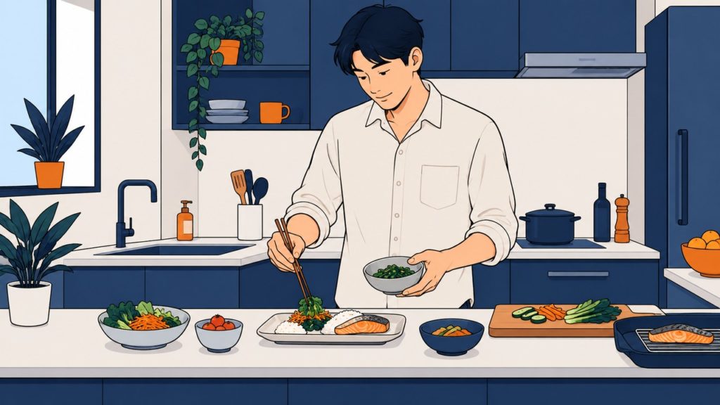 明るい服の男性がキッチンで魚と野菜の食事を準備しているイラスト