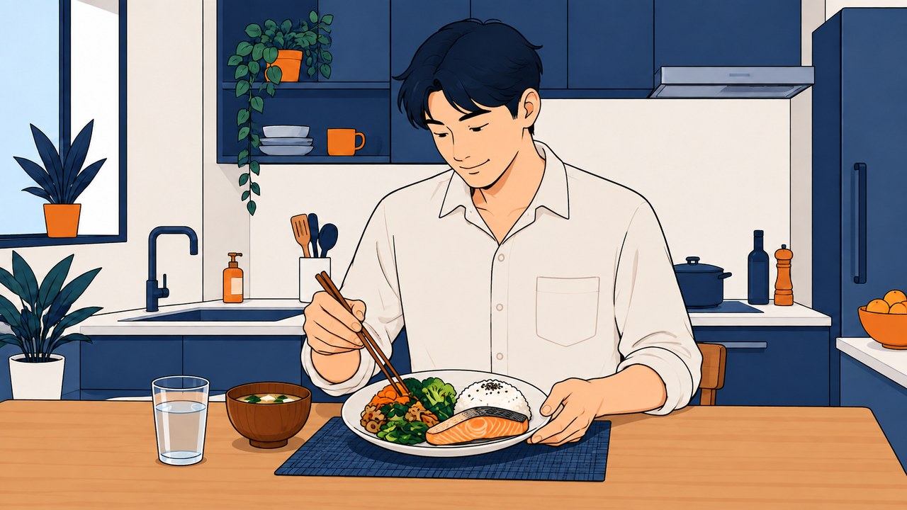 明るい服の男性が魚と野菜を盛りつけた食事を見ているイラスト