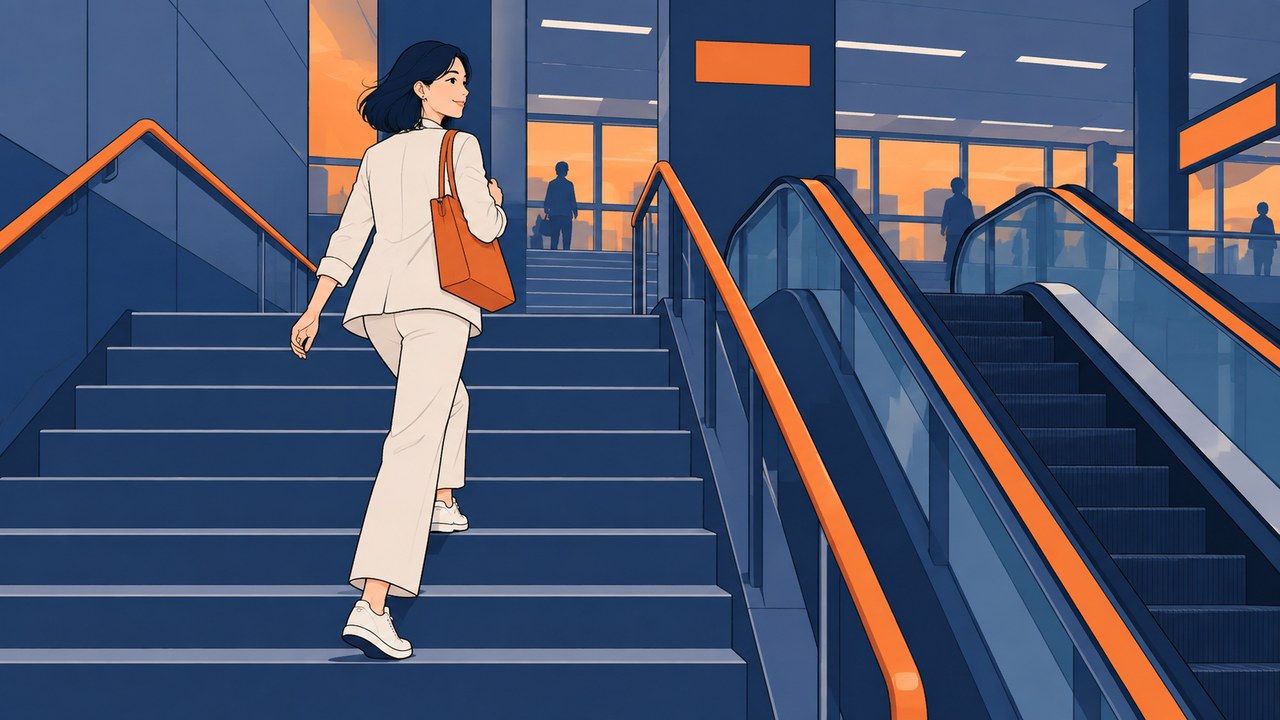 エスカレーターの横の階段を上る女性のイラスト