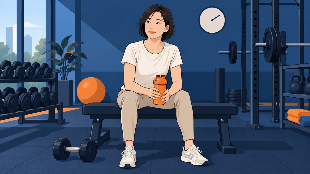 筋トレ後にシェイカーを持ってベンチで休む女性のイラスト